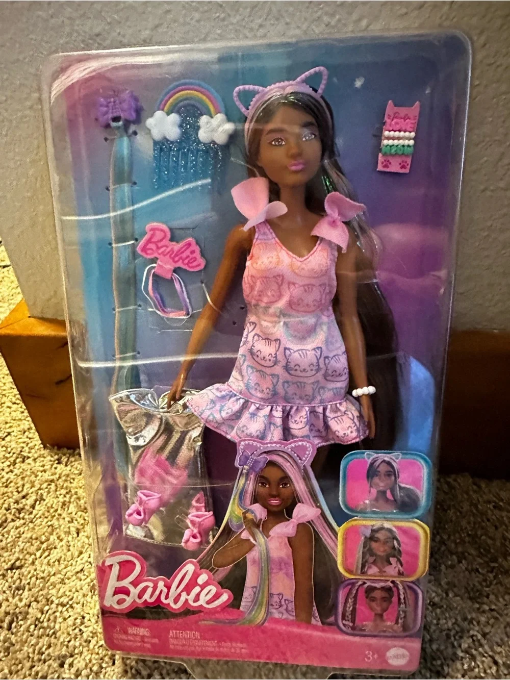 Barbie Doll in Pink Cat-Print Dress with Purple Accents